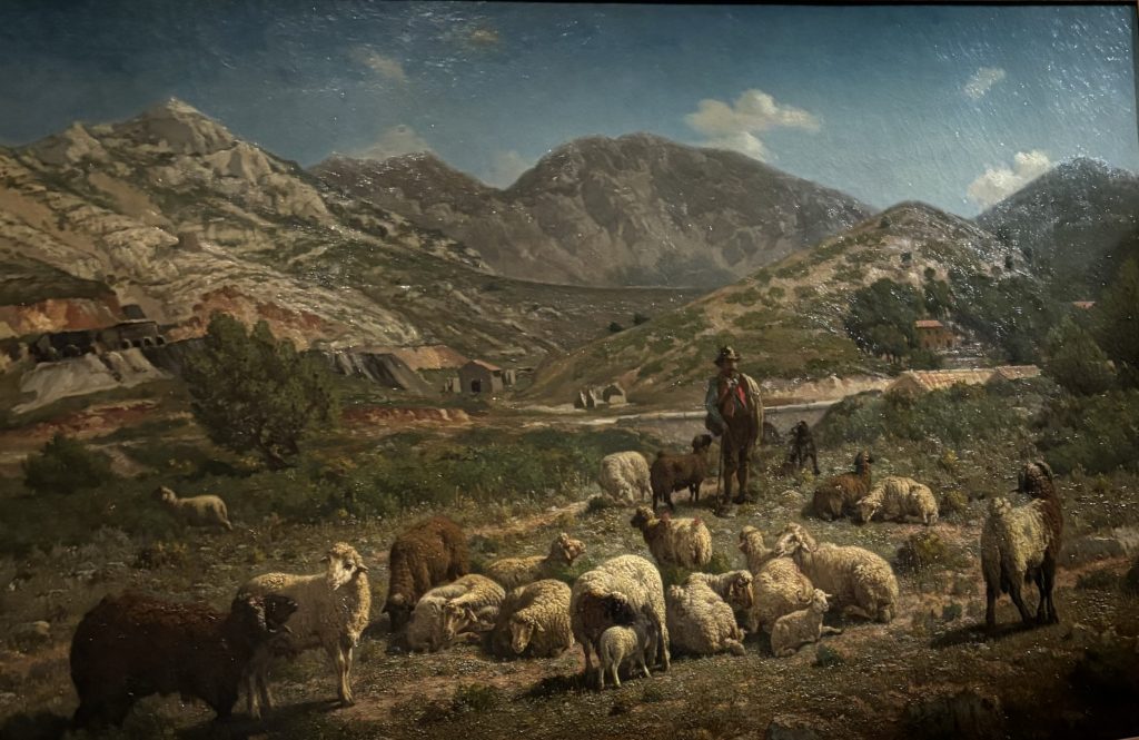 Tableau dans les collines un berger et son troupeau