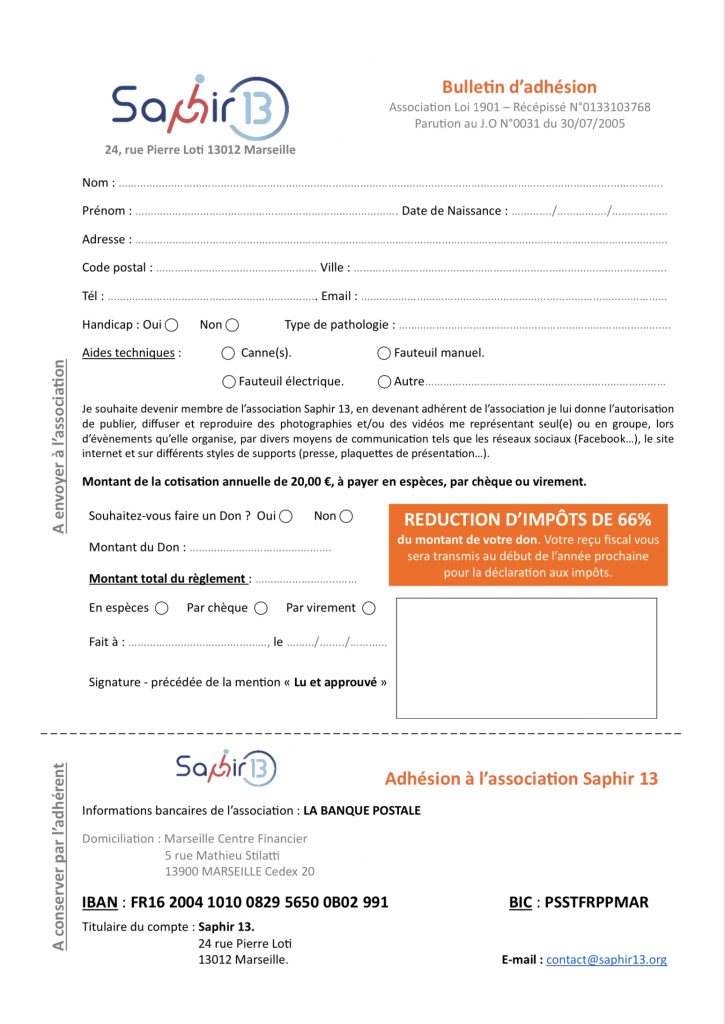 Association Saphir 13 bulletin d'adhésion pour l’année